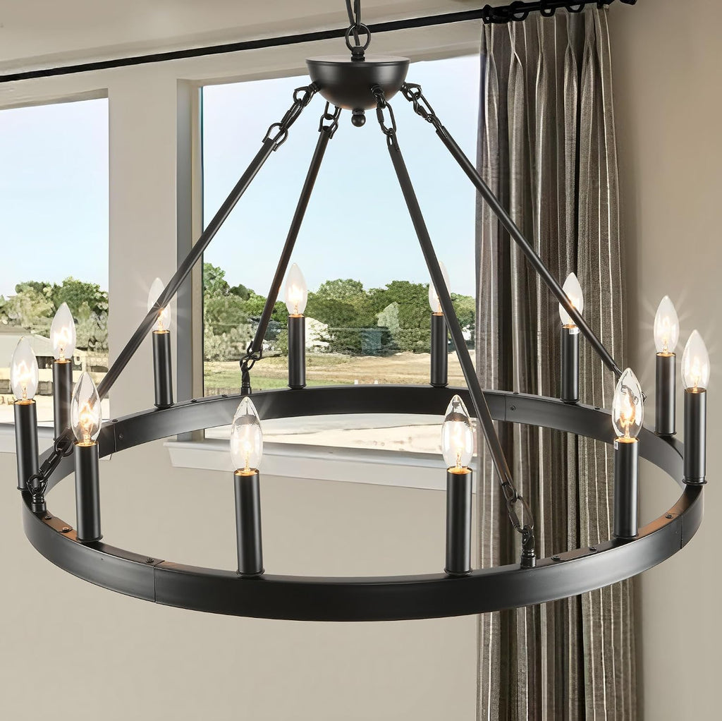 Black Wagon Wheel Chandelier 32 inch,12-Light Farmhouse Wagon Wheel Chandeliers Round Industrial Ceiling Light