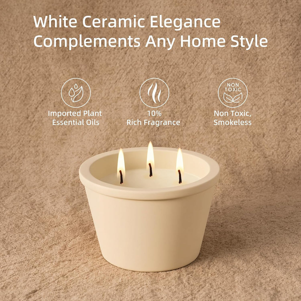 Large 20oz Scented Candle - Creamy Vanilla, 3 Wick Non Toxic Soy Candles for Women, Matte Ivory White Ceramic Jar