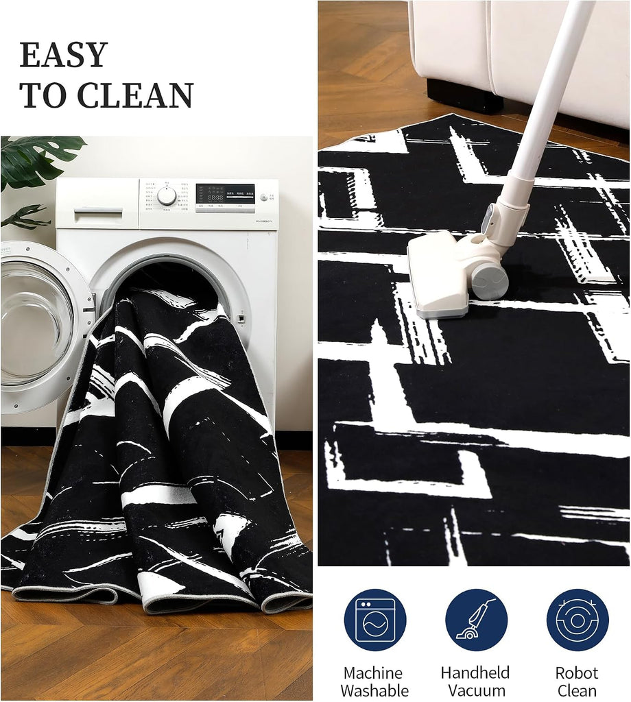 Black Modern Geometric Area Rug 8x10, Black and White Rug with Abstract Diamond Patterns,Non-Shedding Washable Rugs