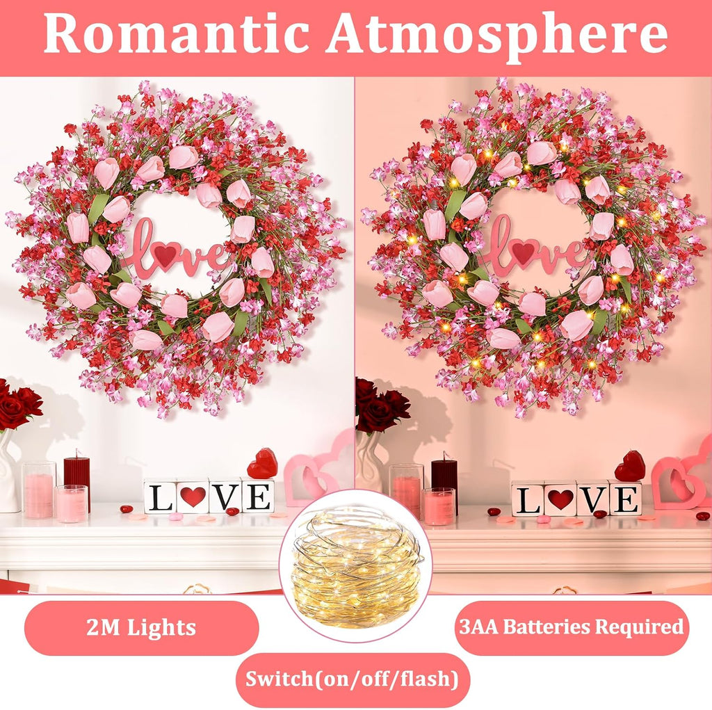 22IN Valentines Day Wreath Decorations, Wreath for Front Door, Pink Tulip Valentine, Spring Summer for Valentine's