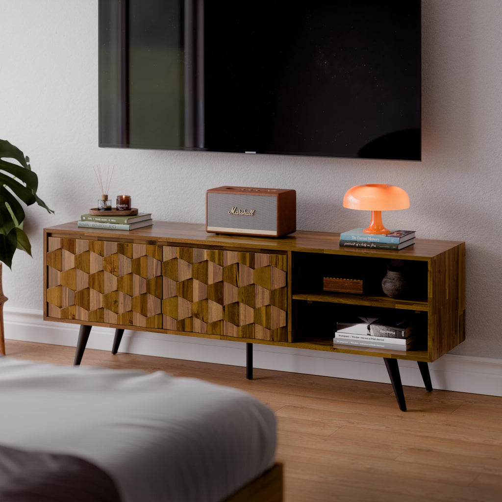 Georgina Solid Wood, 10 Minutes Assembly Entertainment Center with Storage Geometric Pattern Console for Living