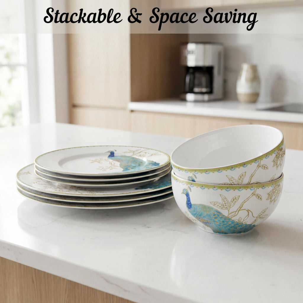 16-Piece Porcelain Dinnerware Set for 4, Elegant Plates and Bowls Sets-White, Teal, Gold Ceramic Dishes, Chip Proof