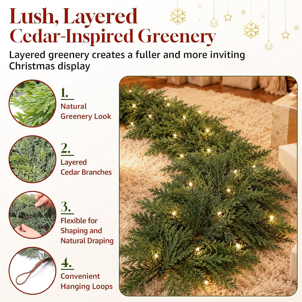 9FT Christmas Cedar Garland with Lights, Artificial Pine Greenery Decor