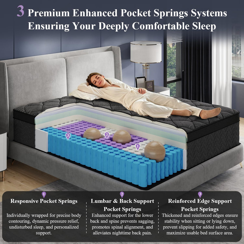 Upgraded Luxury 12 Inch Hybrid California King Size Mattress, Medium Firm | Cooling Gel Memory Foam & Pocket Springs