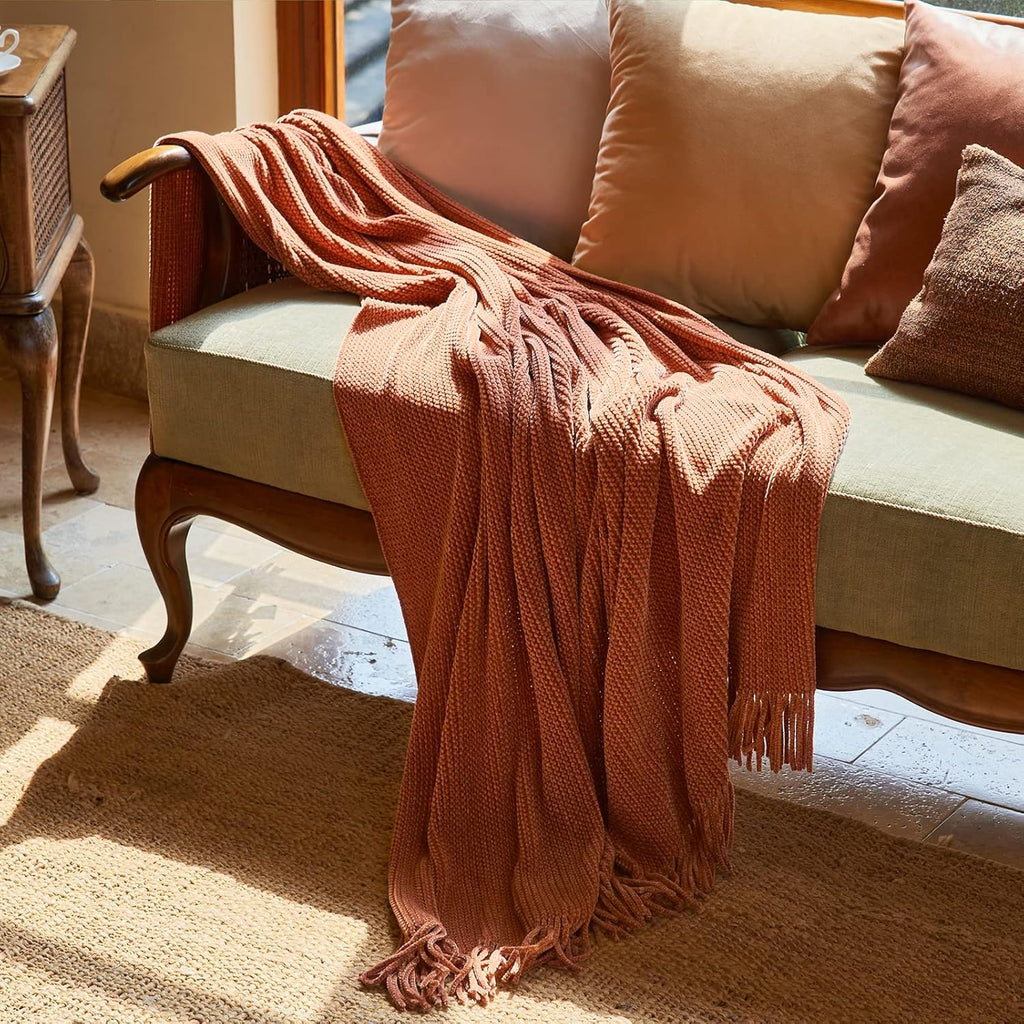 Throw Blanket for Couch, Soft Boho Bed Throw, Cozy Burnt Orange Chenille Knitted Small Spring Lightweight