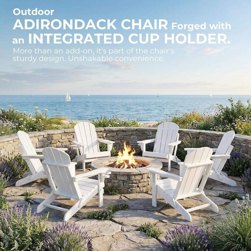 HDPE Adirondack Chair, Folding Outdoor Patio Chair with Cup Holder, Weather Resistant Wood Grain Lawn Chair for