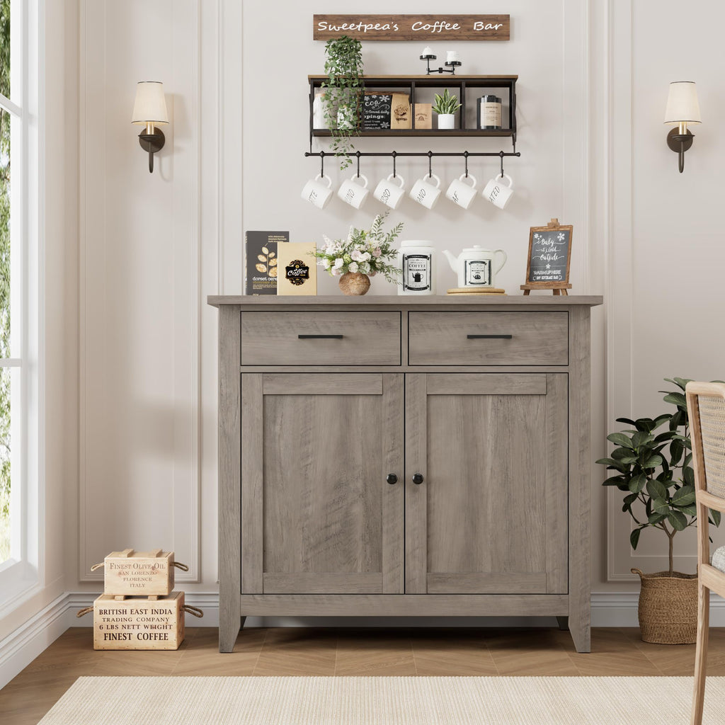Farmhouse Kitchen Storage Cabinet, Small Buffet, Coffee Bar, Grey