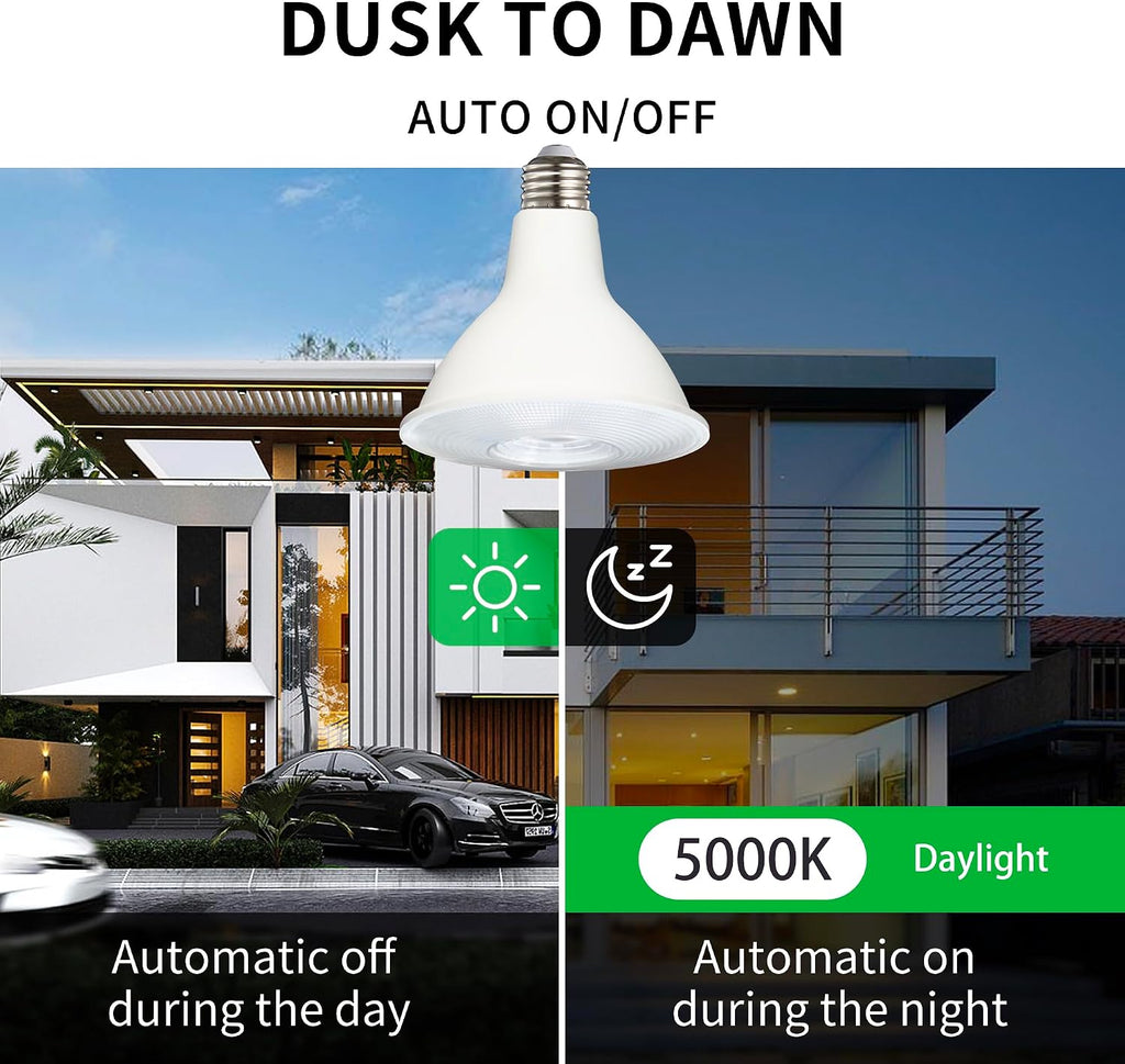 PAR38 Dusk to Dawn LED Flood Light Bulbs, Daylight White 5000K, 150W Equivalent 17W, 1700LM, Auto On/Off Light