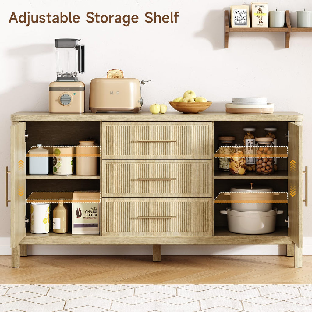 55" Sideboard Buffet Cabinet with Storage and 3 Drawers, Oak