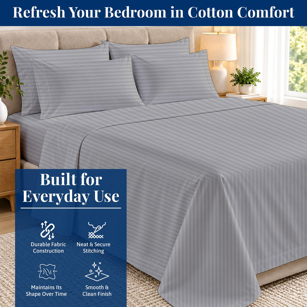 Queen [21"] Bed Linen Set, 600 Thread Count Egyptian Cotton, 6 Piece Striped Sheet Set, Light Grey Stripe, Deep