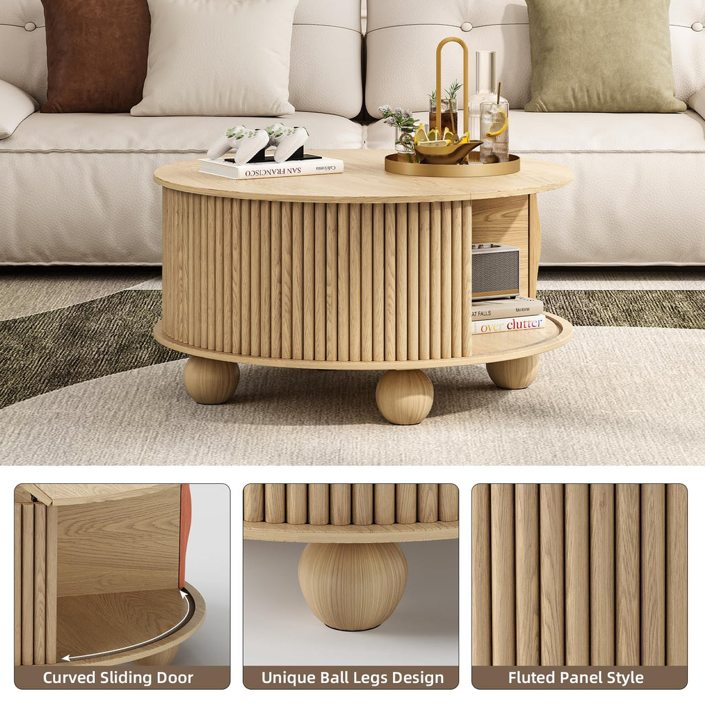 31.5" Round Coffee Table with Storage, Natural Oak
