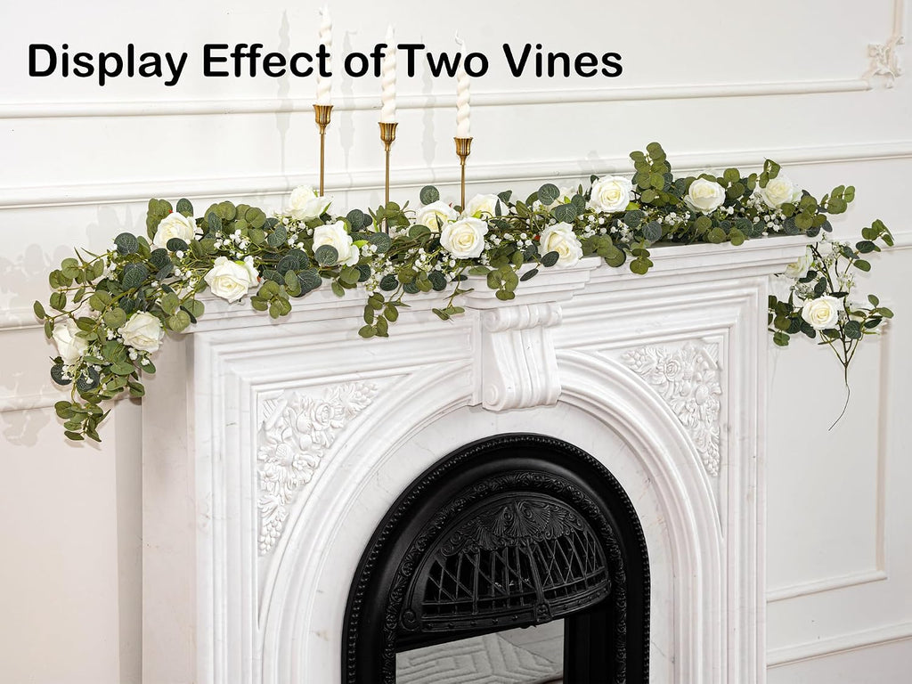 6FT Artificial Eucalyptus White Flower Garland with Roses & Baby's Breath