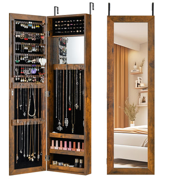Full Length Mirror Jewelry Armoire, Wall Door Mounted Jewelry Cabinet Organizer with Makeup Mirror, Ring Slots and