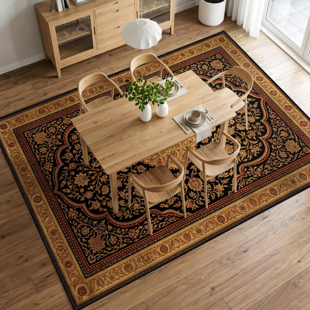 Gothic Victorian Rug Black Gold Boho 8x10 ft Area Rug