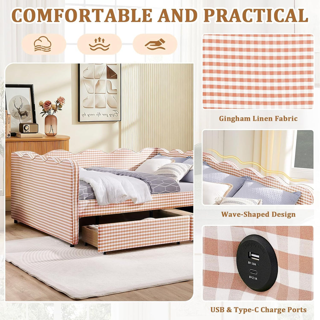 Queen Size Gingham Daybed with Storage Drawers, Upholstered Linen Day Bed Frame with USB Ports & Wave-Shaped