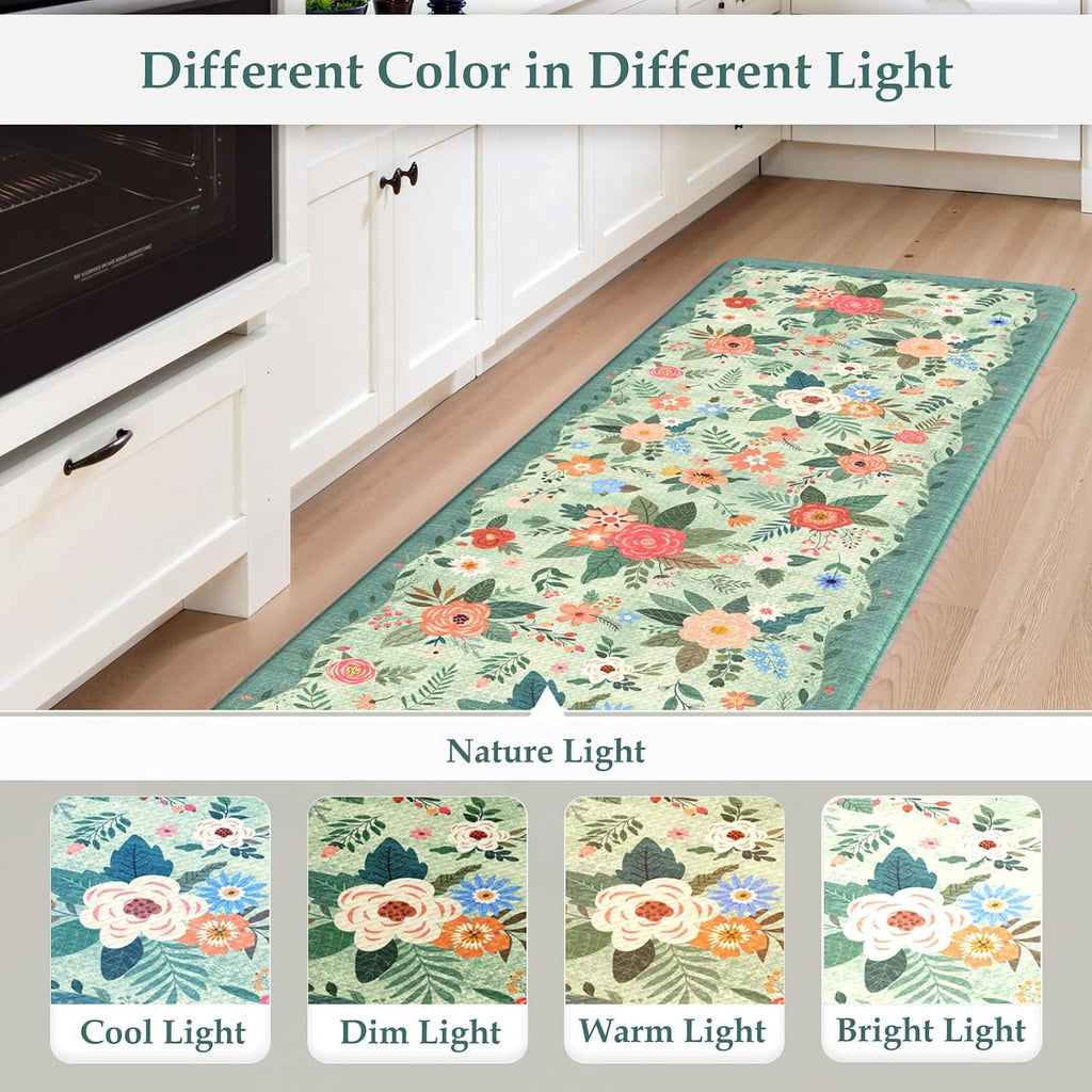 Anti Fatigue Mats Floor Green Farmhouse Kitchen Rugs | 17"x47"+17"x29" Kitchen Rugs Sets of 2 Cushioned Kitchen Floor