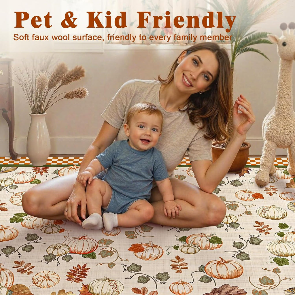Fall Area Rugs Thanksgiving Washable Rug Non Slip, Pumpk Rug Low Pile Floor Carpet with Checkered Edge