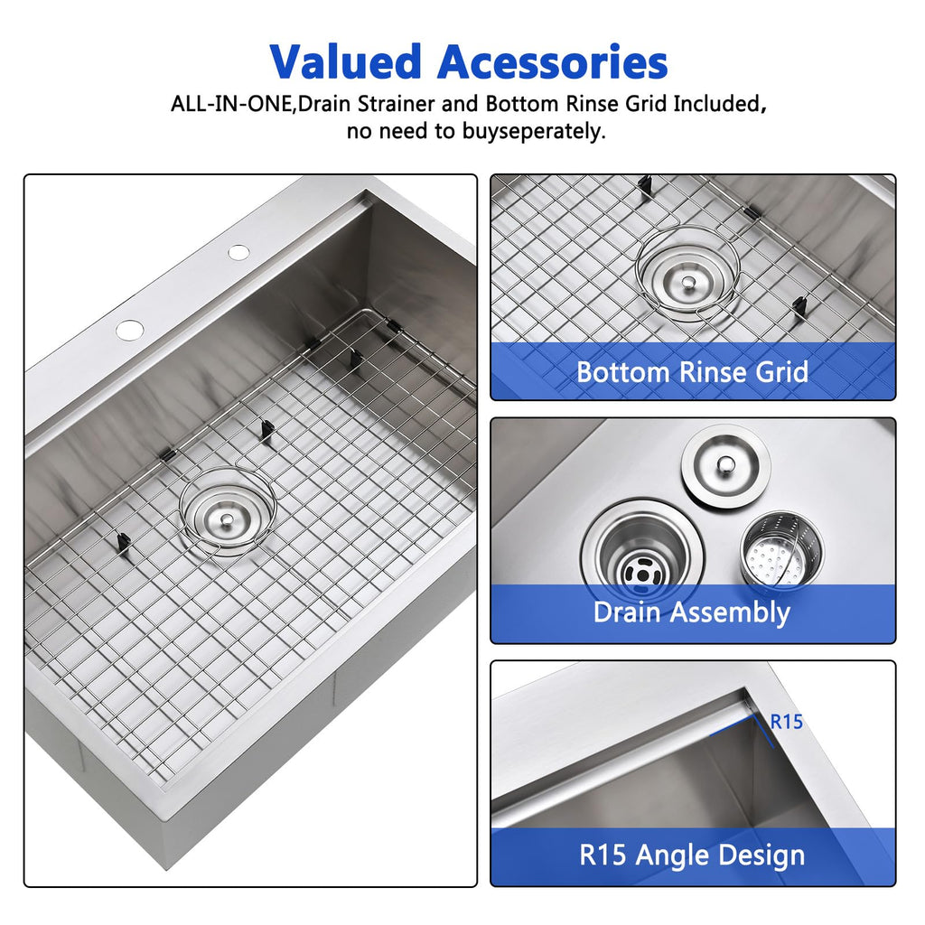 33x22 Inch Drop Sink, Single Bowl Workstation Handmade Farmhouse Topmount Stainless Steel Kitchen Sink with Dish