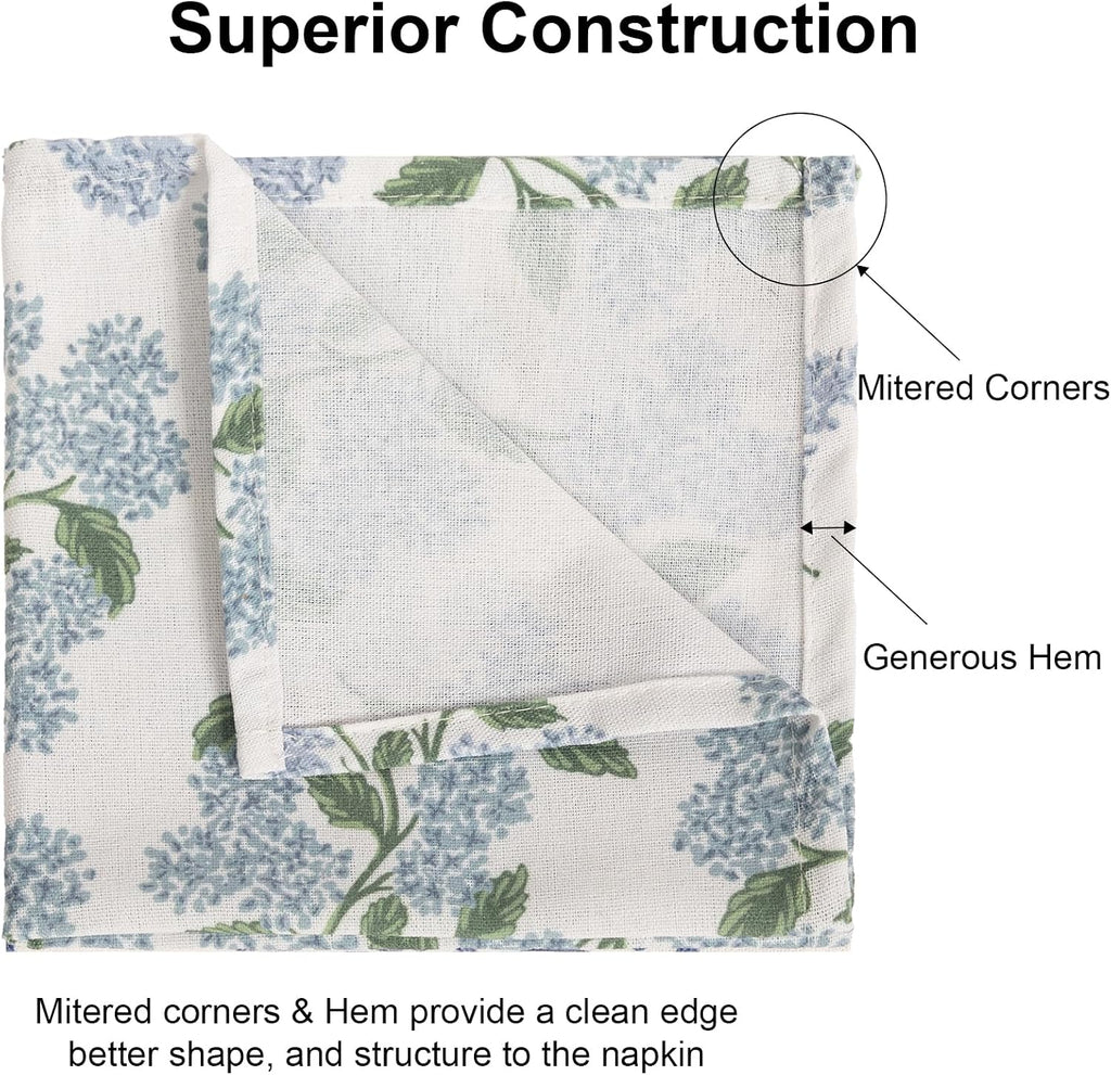 Sage Green Hydrangea Cloth Napkins Set of 12,Blue and White Vintage Floral Dinner Napkins Natural Linen Cotton
