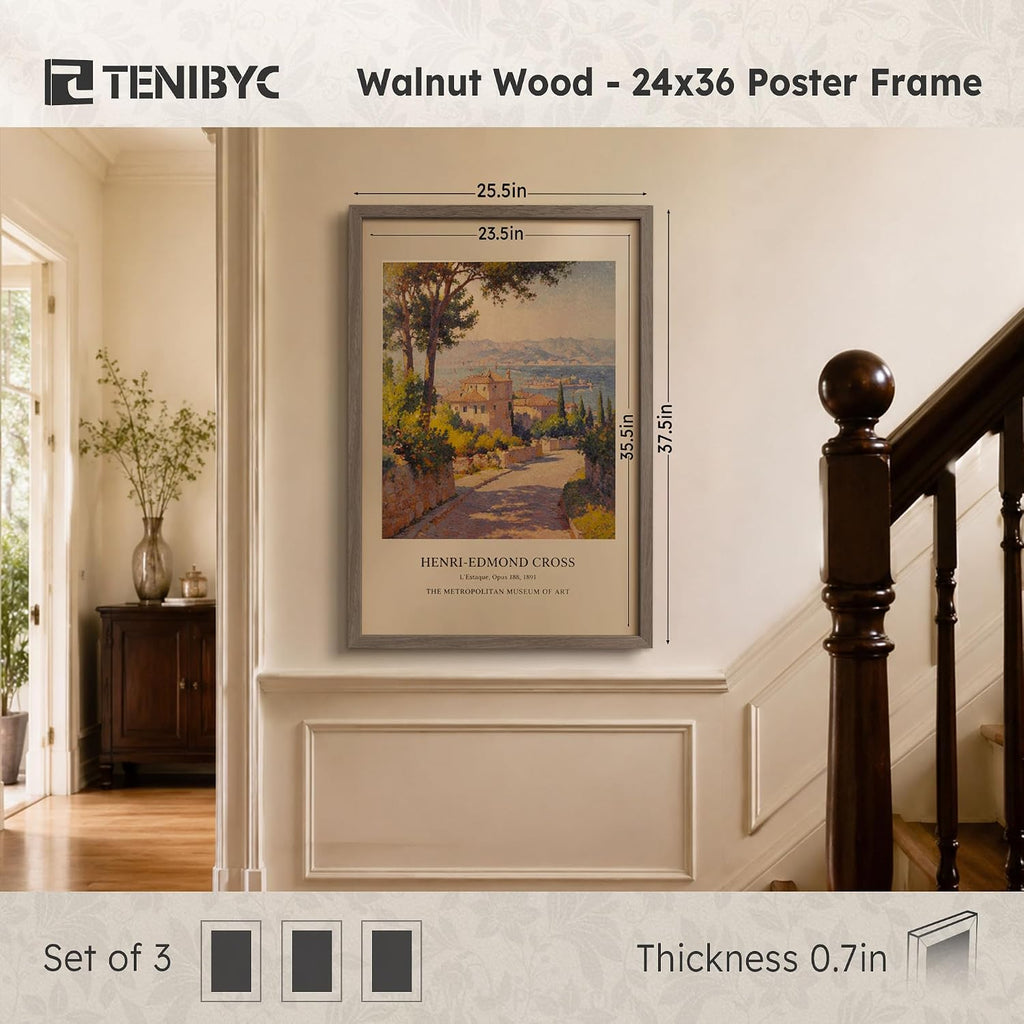24x36 Poster Frame, Walnut Wood, 3 Pack, Gallery Wall Hanging | 1.2mm HD Plexiglass, Large Movie Poster Frame