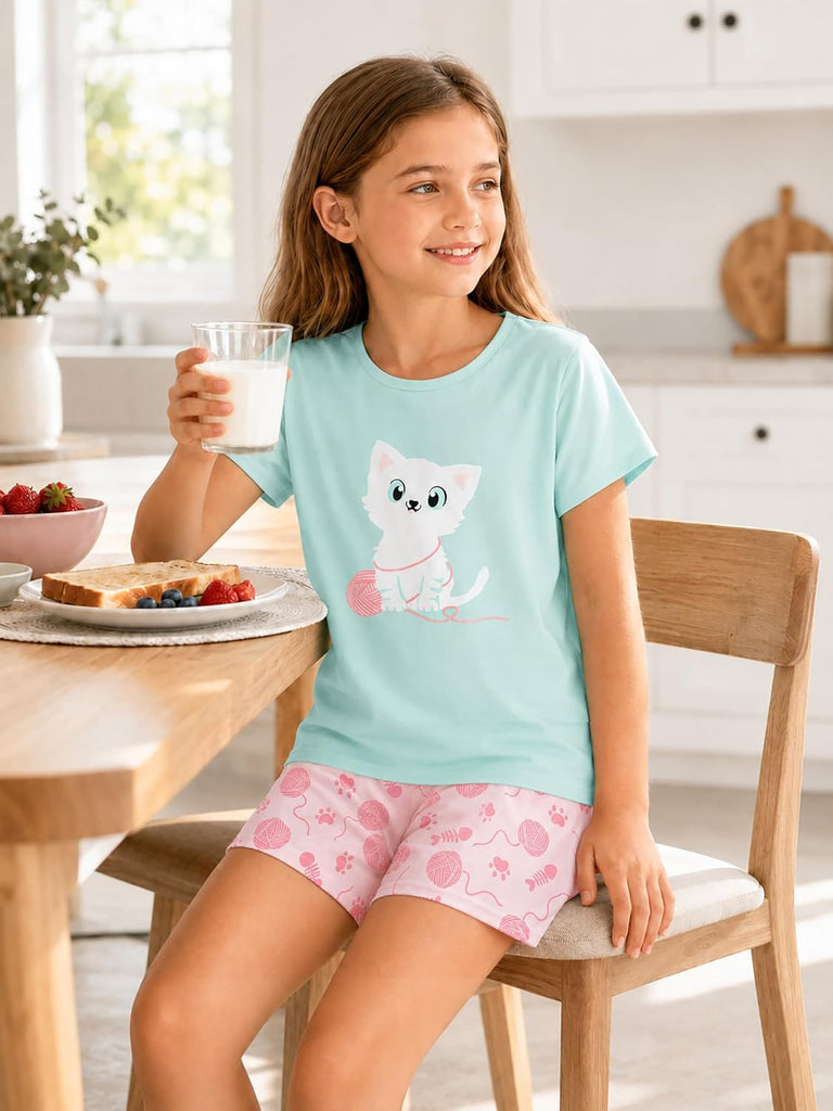 Girls Cotton Blend Pajamas Cute Print Short Sleeve Set