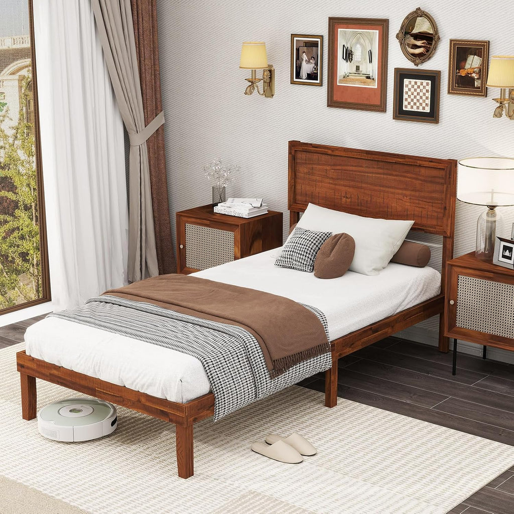 Queen Bed Frame, Mid-Century Modern Platform Bed with Headboard, Wooden Slat Support Mattress Foundation, Under-Bed