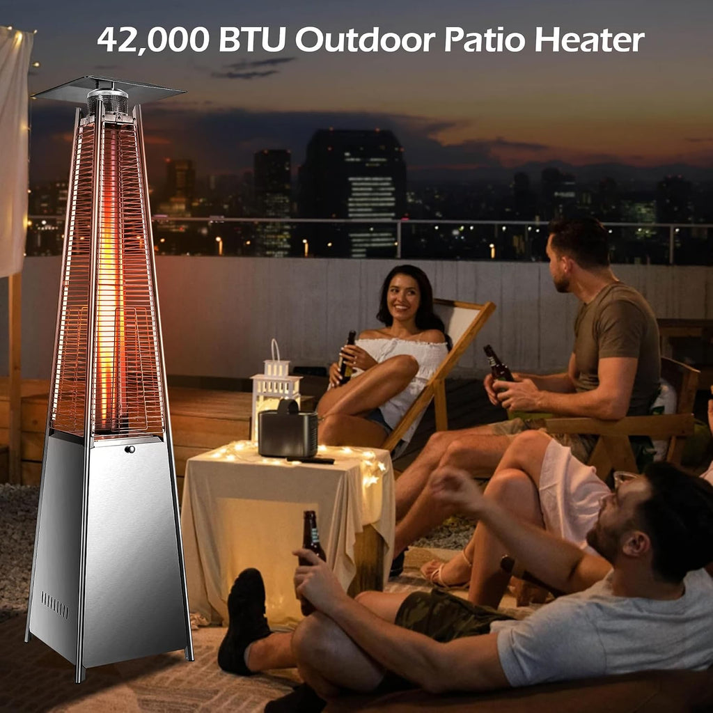 42,000 BTU Pyramid Patio Heater, Outdoor Propane Heater with Quartz Glass Flame Tube, Stainless Steel Patio Heater
