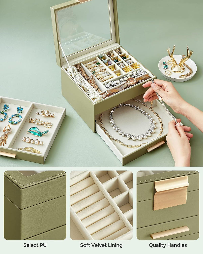 Jewelry Box Organizer, 3-Layer Storage with 2 Drawers, Glass Lid