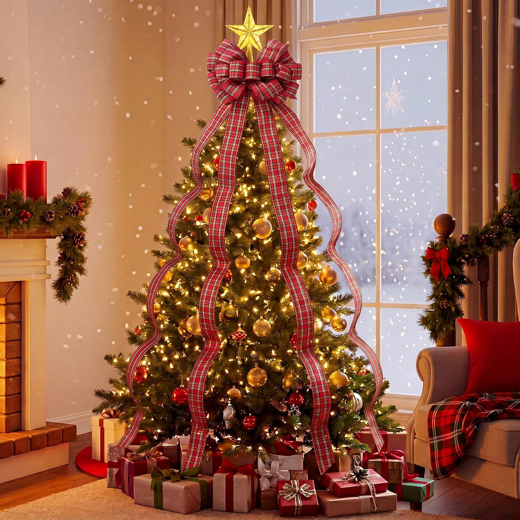 Large Christmas Tree Topper Bow Red Green Plaid Bows, Fresh Color