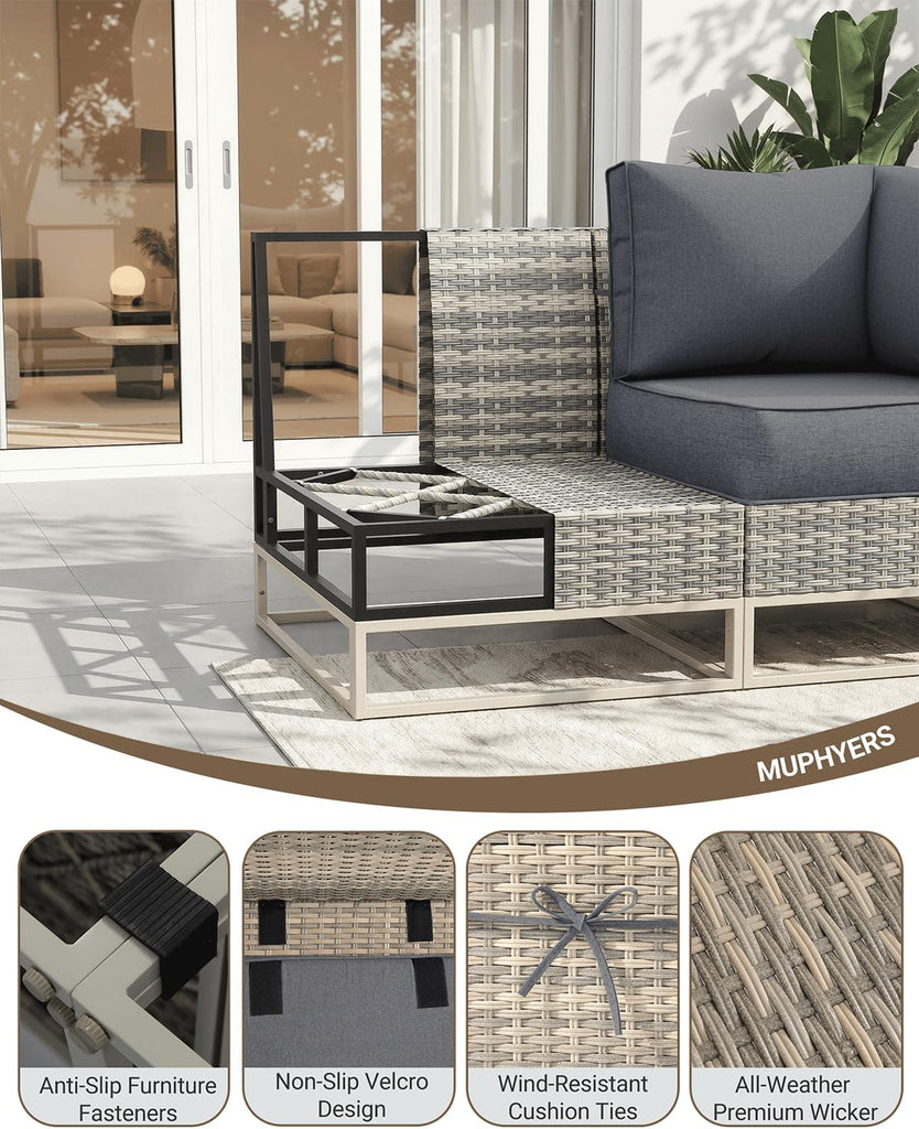 Outdoor Patio Furniture Set 6-Piece PE Rattan Wicker Outdoor Sectional Sofa with Thickened Cushions and Chunky Arms
