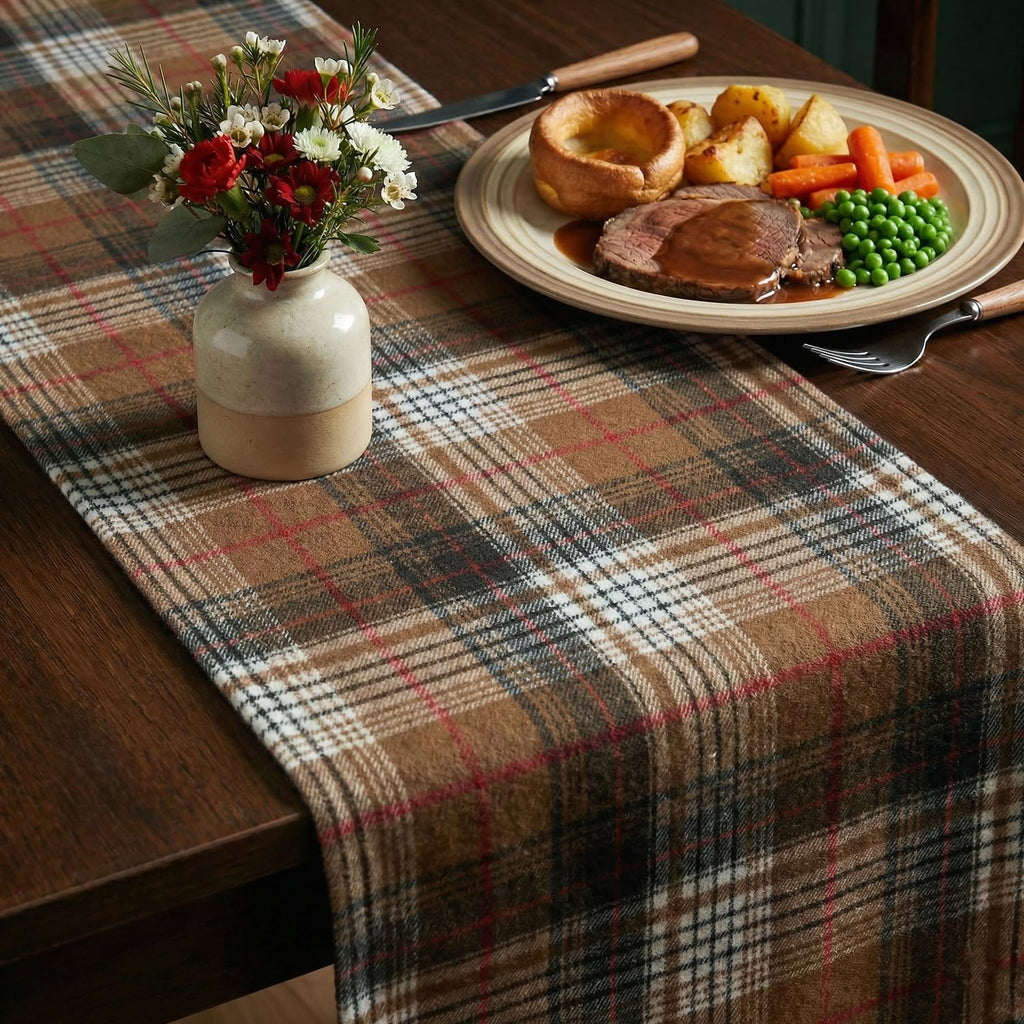 Coffee Brown Farmhouse Plaid Retro Fall Table Runner, Thanksgiving Rustic Holiday Check Kitchen Dining Table