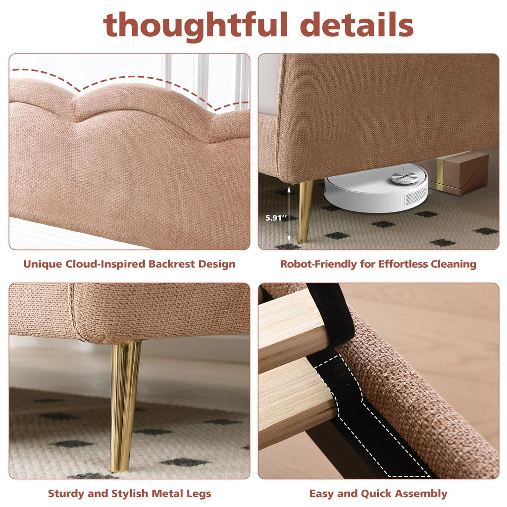 Twin Size Upholstered Daybed with Cloud-Shaped Backrest, Modern Linen Sofa Bed with Metal Legs, Wood Slat Support