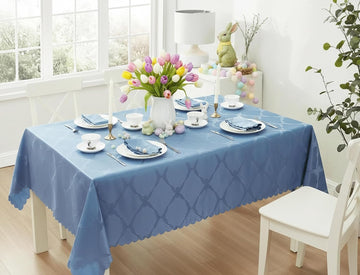 Ribbons and Bows Damask Fabric Tablecloth, Blue, 60 x 144 Inch Rectangle, Wrinkle & Stain Resistant 