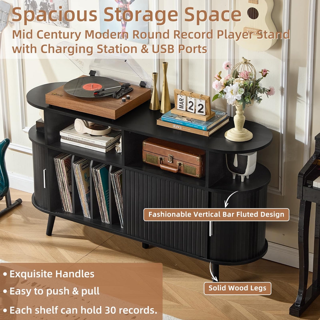 Extra Large Round Record Player Stand with Charging Station