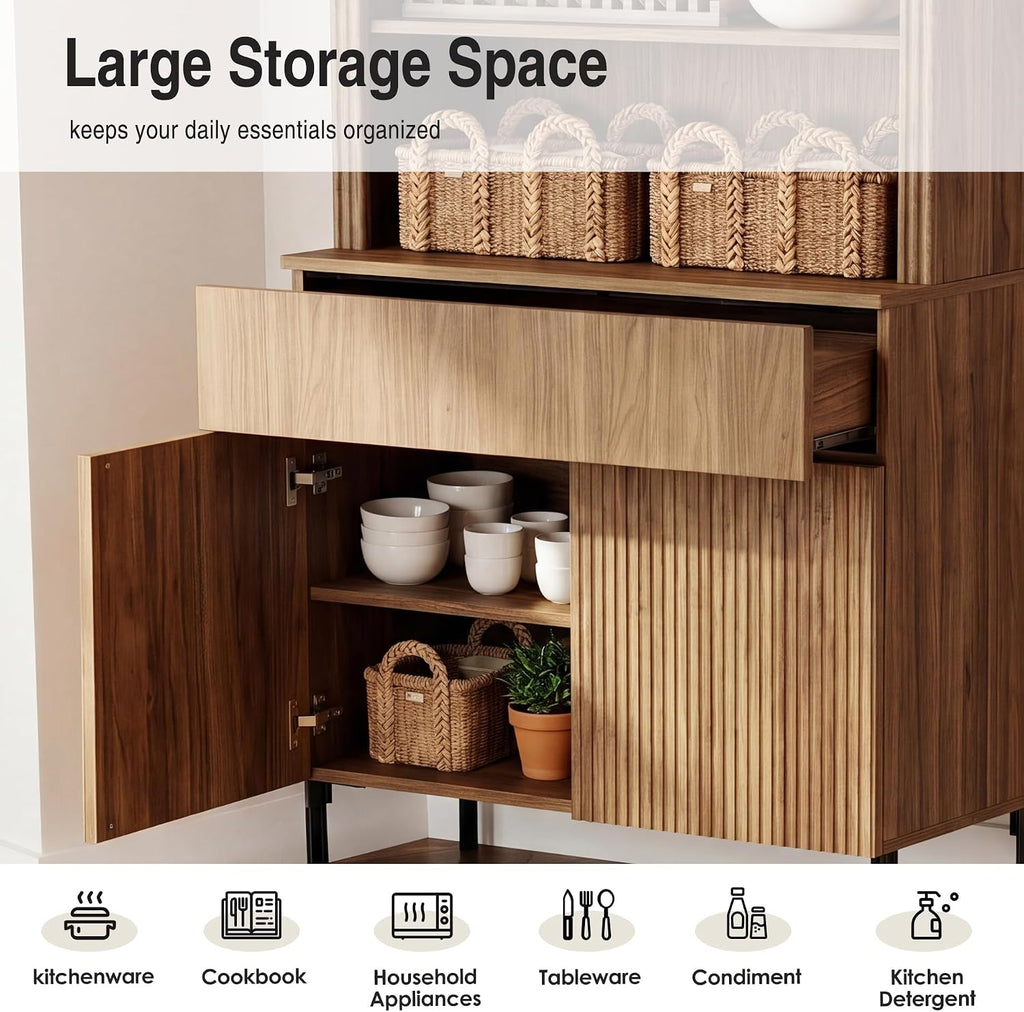 Modern 71.5" Tall Bookcase with 2 Doors & 1 Drawers, Fluted Bookcase with Storage and Adjustable Shelves, Wooden