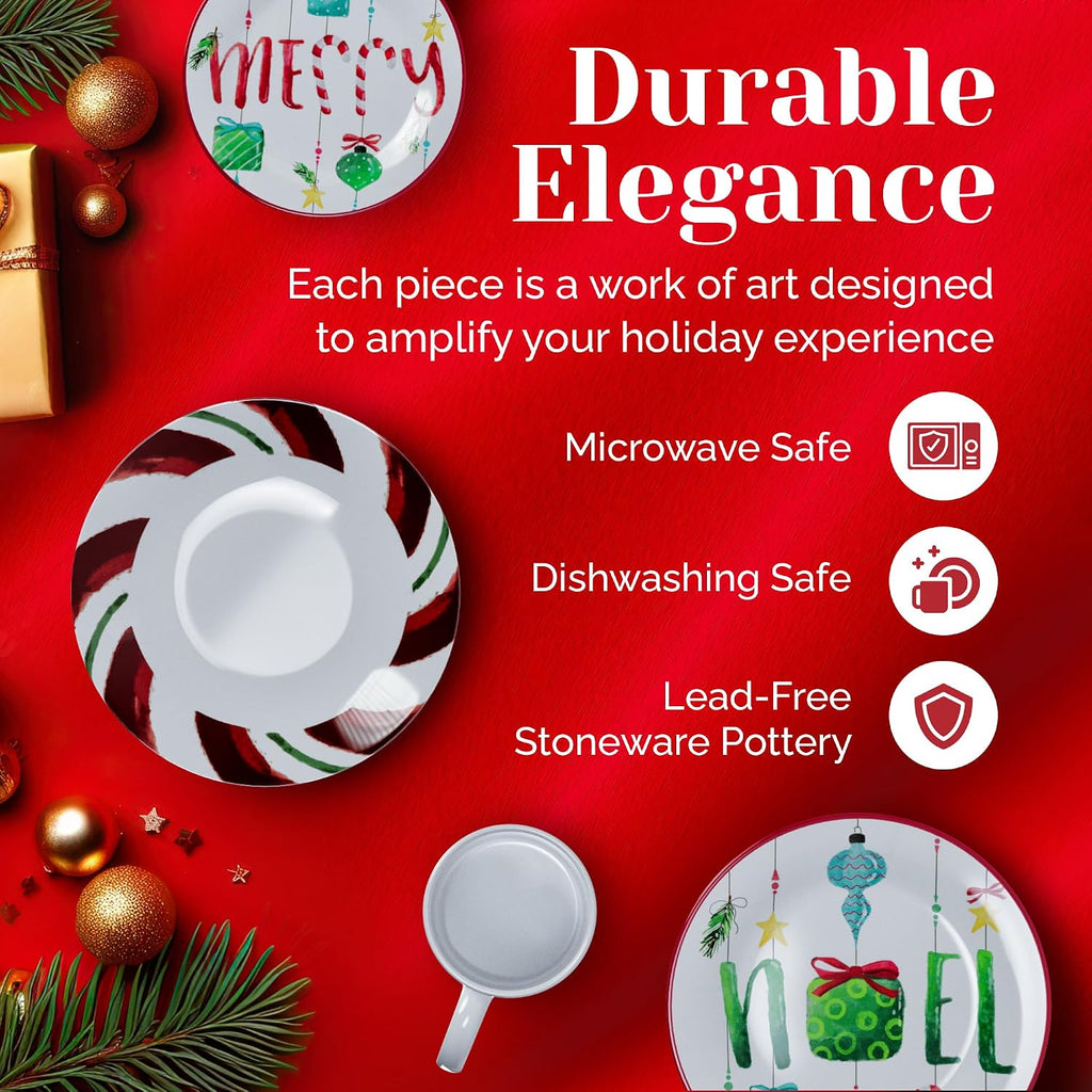 Piece Christmas-Themed Stoneware Dinnerware Set - Green/Red