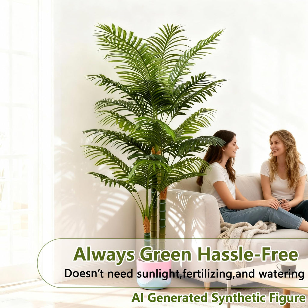6FT Tall Golden Cane Artificial Palm Tree, Large Faux Palm Tree with 3 Textured Trunks, Outdoor Artificial Plants