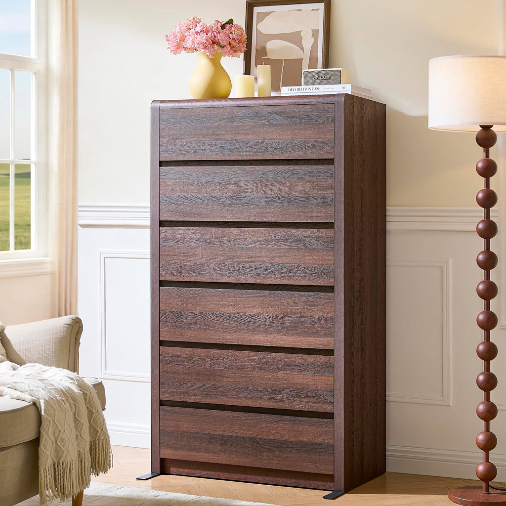 Modern 6 Drawers Dresser, 55.6" Tall Walnut Dressers & Chest of Drawer, Wooden Dresser, Front Curved & Handleless