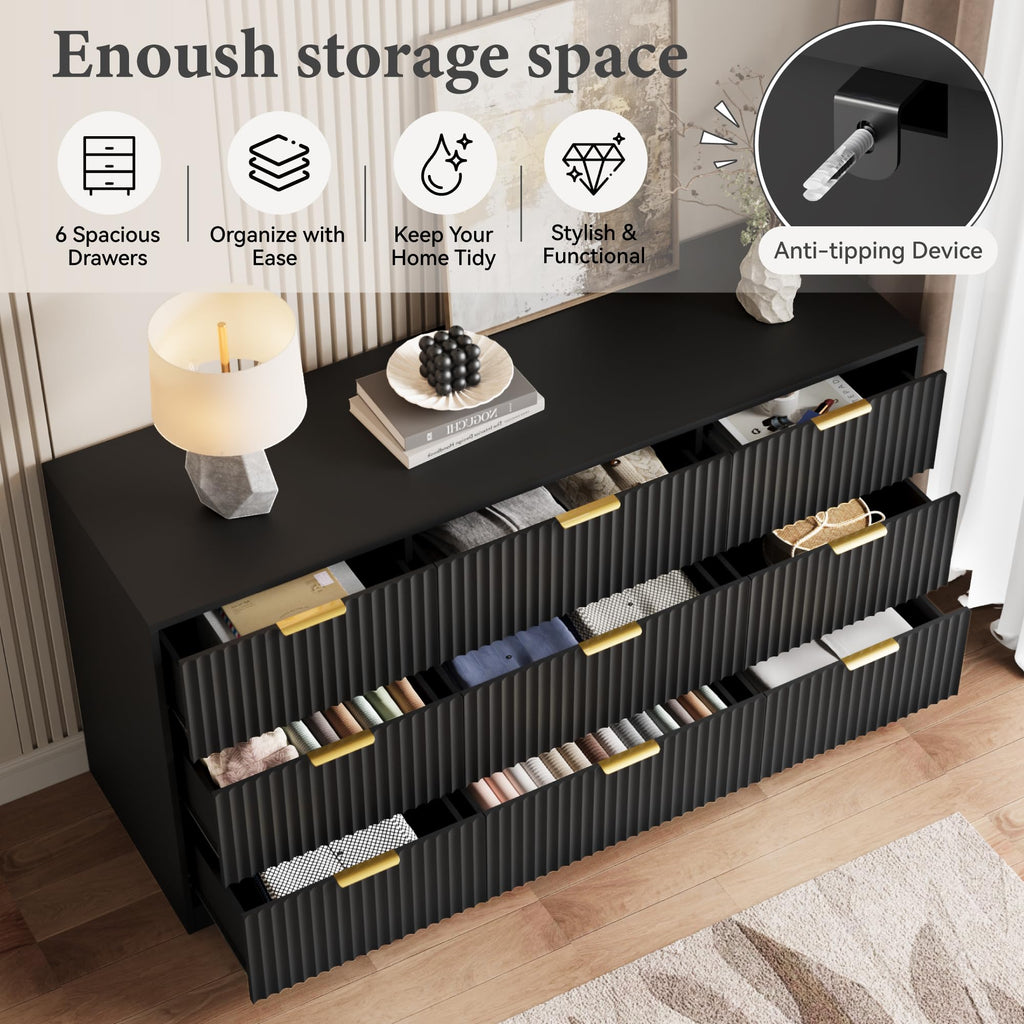 9 Drawer Dresser, 63" Wide Fluted Wood Dresser, Black