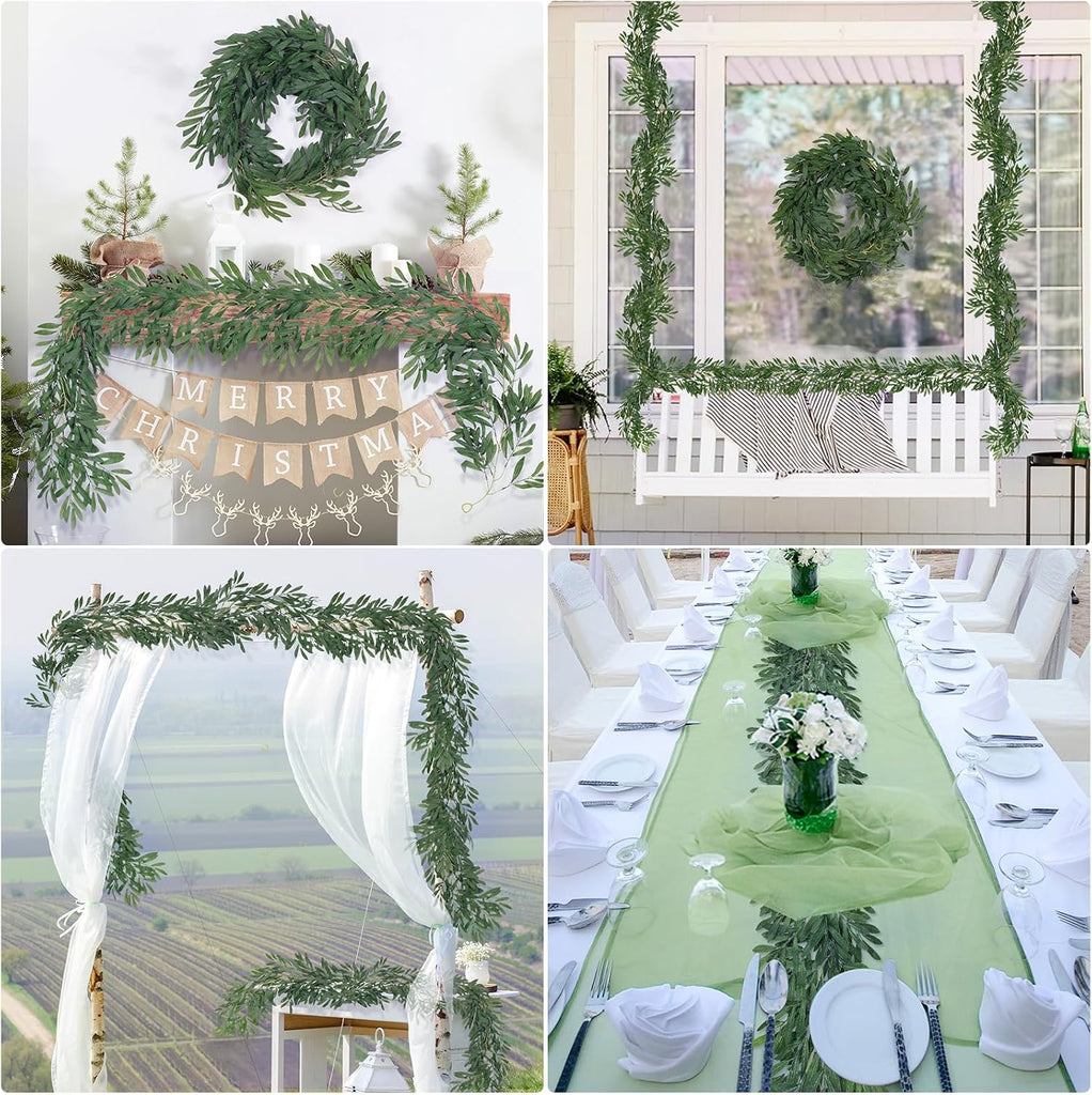 Artificial Silk Olive Leaves Vines Garland 6.2Ft Green Rattan - Set of 124