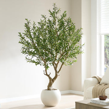 7.5FT Premium Artificial Olive Tree with White Sphere Planter