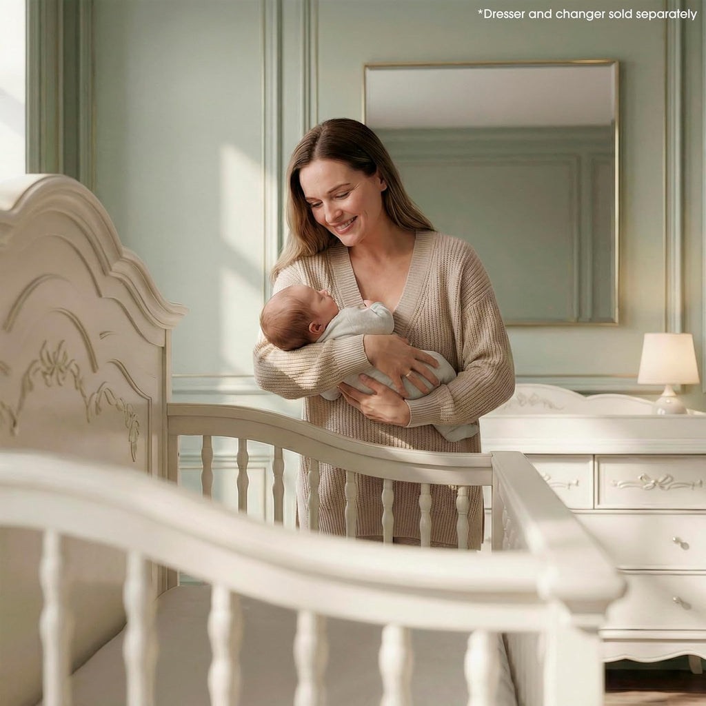 Aurora 5-in-1 Convertible Full Size Baby Crib, Ivory Lace | Wooden Nursery, 3-Position Mattress Support, Converts to