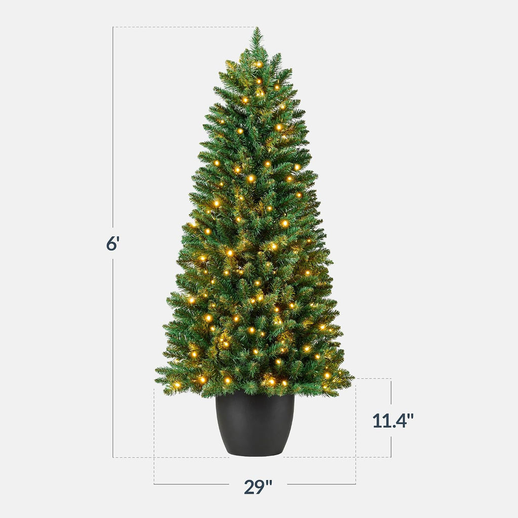 Prelit Potted Pencil Christmas Tree, 6Ft Artificial Lighted Holiday Décor, 250 Twinkling LEDs , Front Porch