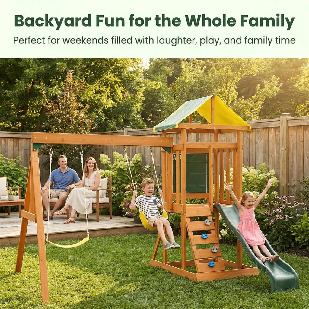 Cedar Wooden Backyard Playset with Swings, Wave Slide, Rock Wall Ladder, Sandbox Chalkboard & Canopy Roof, Outdoor