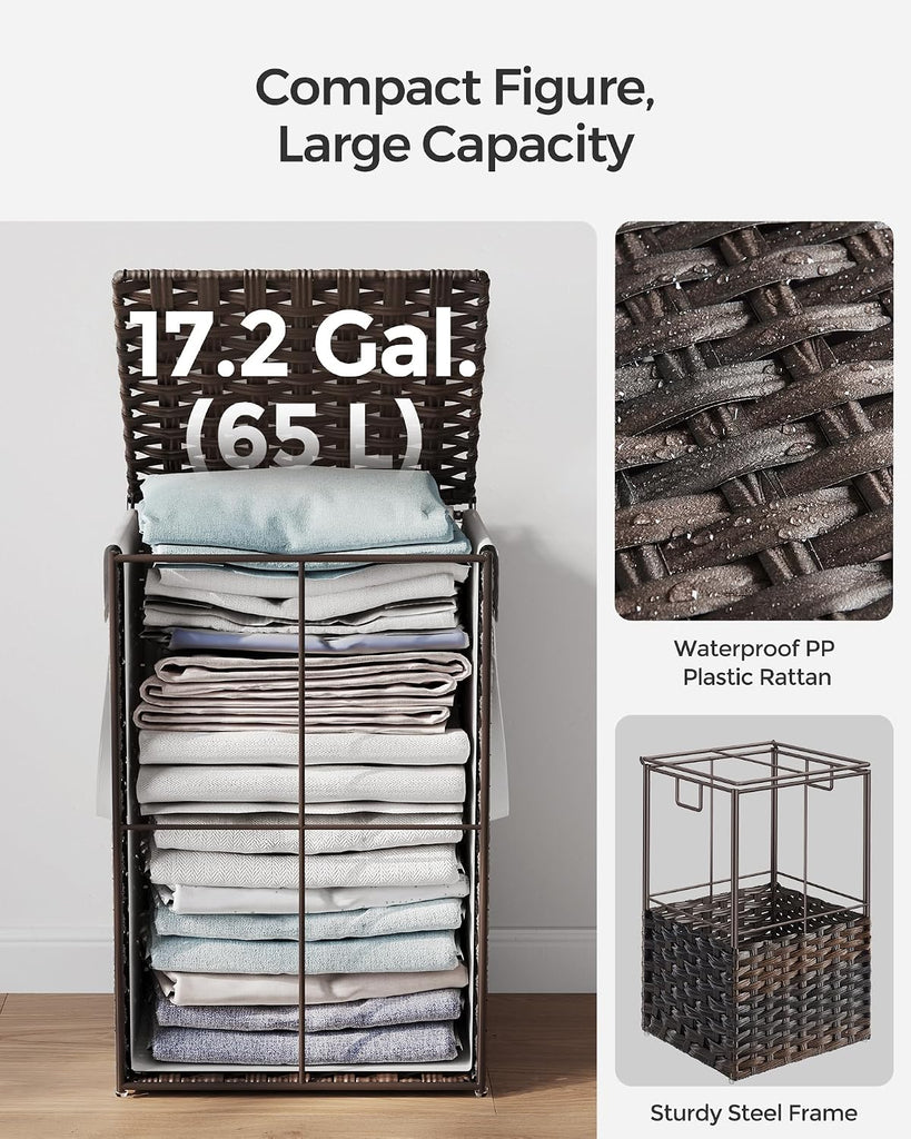 Laundry Hamper with Lid, 17.2 Gallon (65 L) Synthetic Rattan Clothes Laundry Basket with Lid and Handles, Foldable