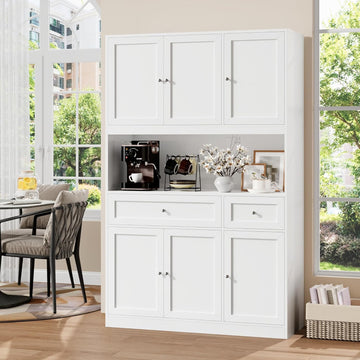 72" Kitchen Pantry Cabinet, Kitchen Hutch with Microwave Stand, Buffet Cabinet with Hutch , White | 2 Drawers, Large