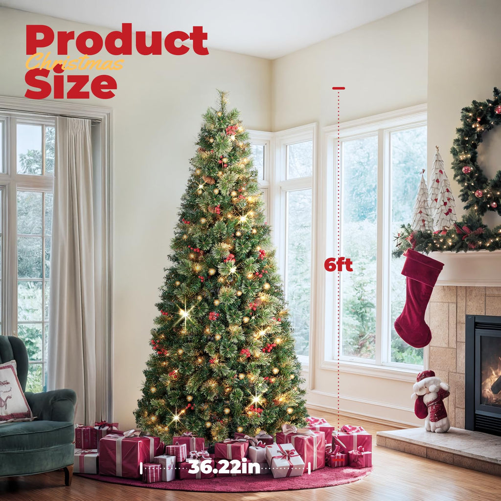 6 FT Prelit Pop Up with Lights, Artificial Decorated with Berries and Pine Cones, Tall Foldable Tree with Metal Base