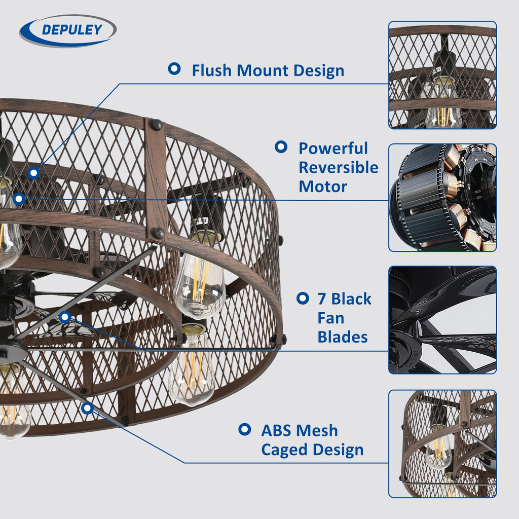 Flush Mount Ceiling Fan: 26" Caged Ceiling Fans with Lights and Remote Control Bedroom Farmhouse - Rustic Low Profile