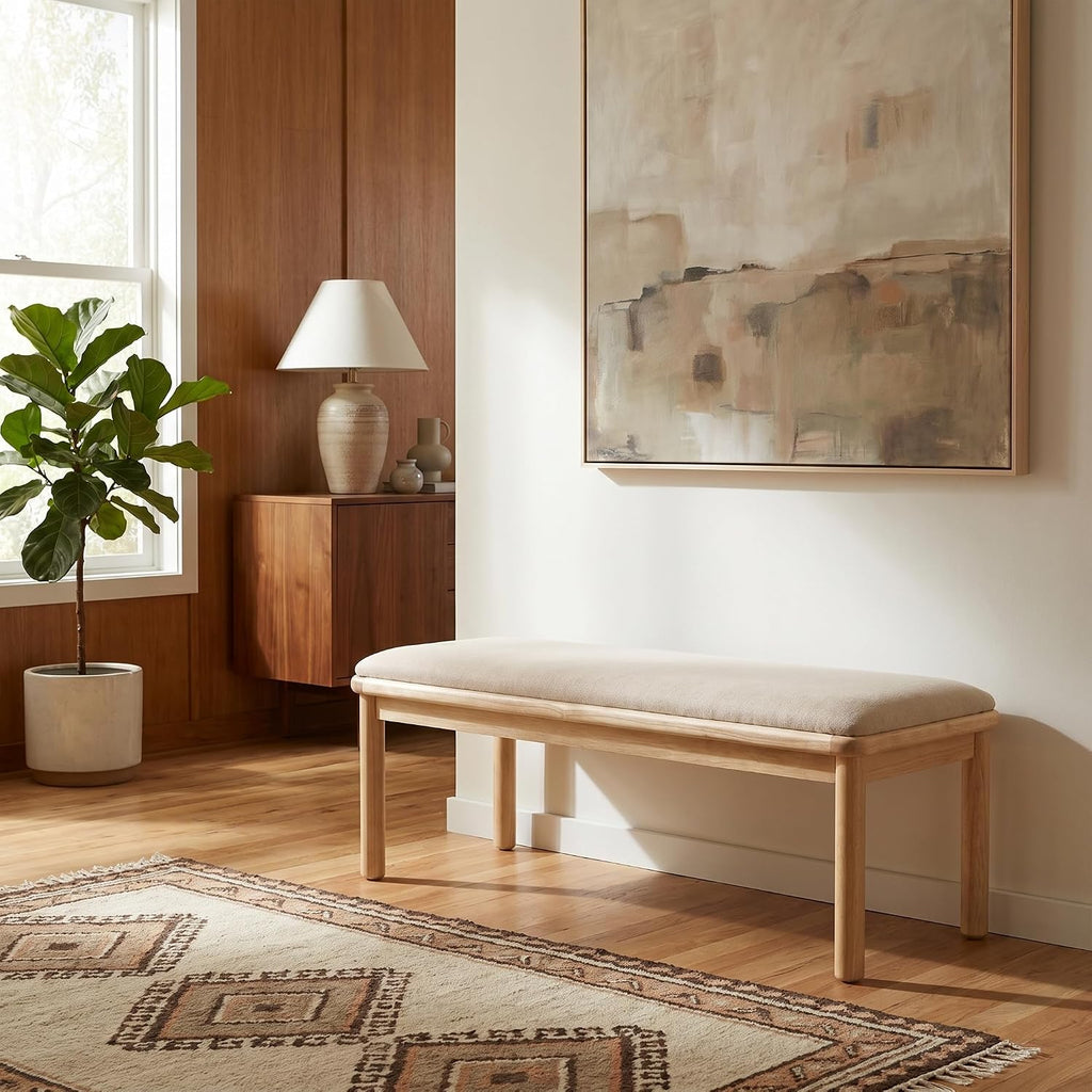 Tara 48" Linen-Look Fabric Upholstered End of Bed Ottoman Foot Rest, Wooden Ottoman Bench with Padded Seat, Long
