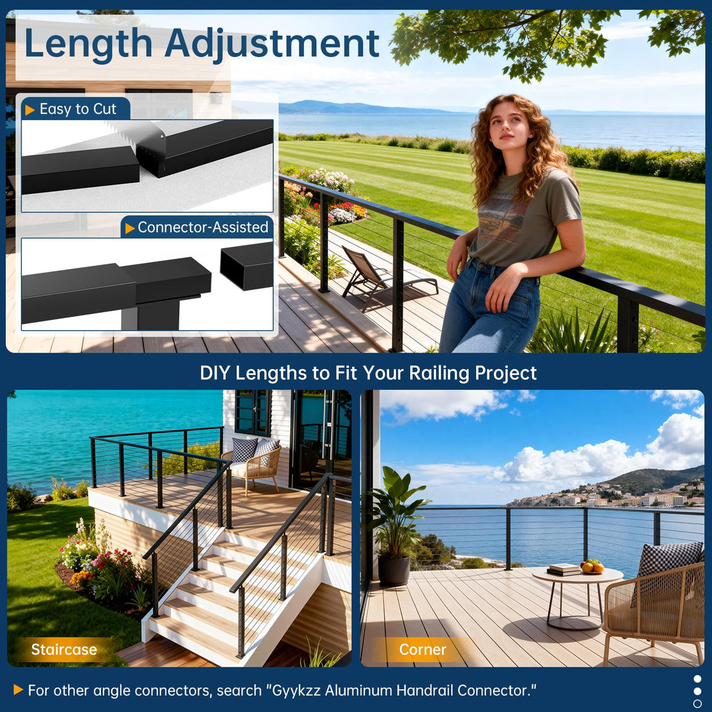 10FT Aluminum Black Cable Railing Handrail with POM Connector, 3 Pack Rectangle 3mm Thick Deck Handrail for Indoor